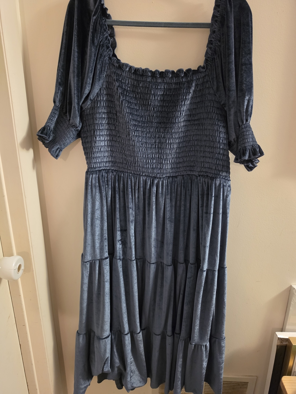 Baltic Born Slate Blue Velvet Smocked Midi Dress Size 2x